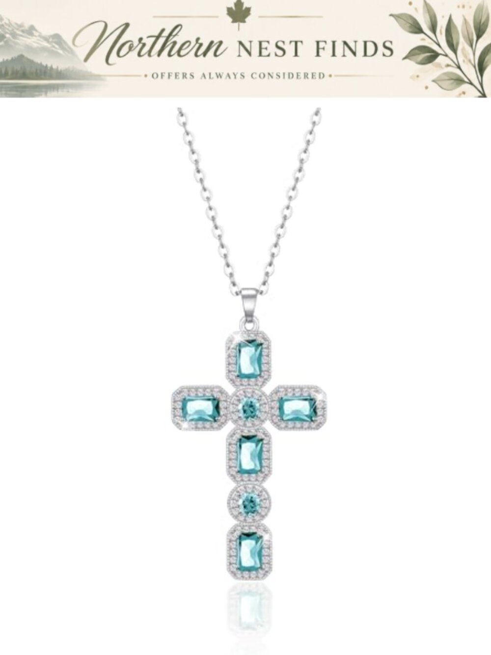 Cross Pendant Necklace White Gold Plated Copper CZ Stainless Steel Chain